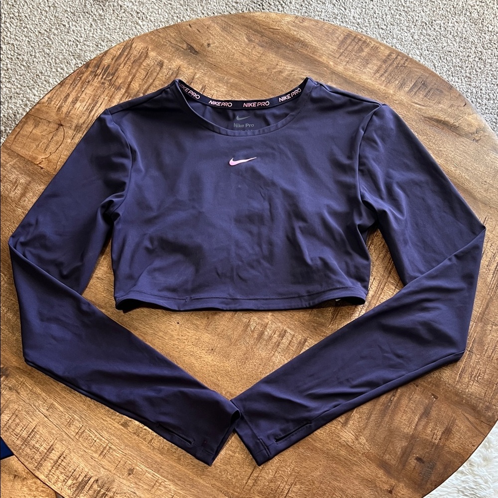 Nike Pro Women's Plum Purple Long Sleeve Crop Top Open Cross Strap Back